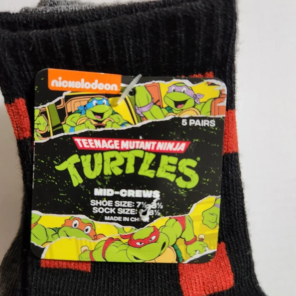 Teenage Mutant Ninja Turtles Socks 5 Pairs‎ Mid-Crew Shoe Size 7 1/2-8 1/2 Kids